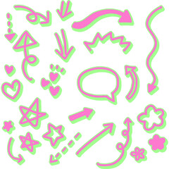 Cute Hand-Drawn Neon Arrow Illustration Sticker Set – Transparent PNG