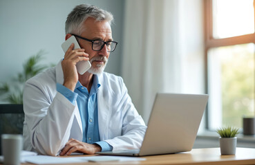 Senior male doctor consults patient via phone call using laptop at workplace. Telemedicine, telehealth concept. Experienced medical pro at clinic, healthcare tech. Mature medic talking, online