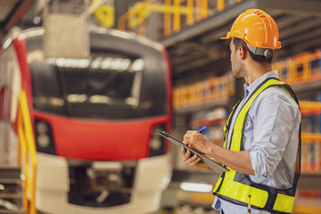 Electric train technician engineer checking controls system for security functions in maintenance infrastructure plant of sky train, public transportation vehicle,Teamwork management concept. 