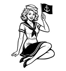 Obraz premium Smiling Pinup Girl in Sailor Outfit Holding Anchor Flag in Black and White Illustration