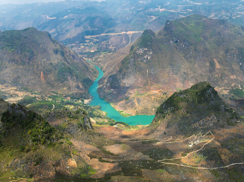 Stunning aerial view of the Nho Que river and mountains in Ha Giang