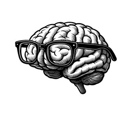 Brain with Eyeglasses Detailed Engraving Style Illustration Isolated on White Background