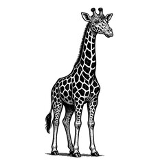 Fototapeta premium Engraved Illustration of a Giraffe Standing Tall on a White Background with Detailed Markings