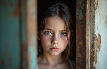 Fototapeta premium Young girl with striking blue eyes gazes thoughtfully. Rustic doorway in late afternoon light. Portrait of innocence curiosity. Tender gaze, peaceful serene emotion. Childhood concept