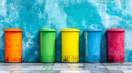 Five colorful, slightly dirty cylindrical waste bins stand in a row against a textured teal wall, showcasing a vibrant yet slightly worn aesthetic.  The bins are orange, green, yellow, blue, and pink