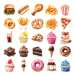 Collection of Watercolor Junk Food Items Isolated on a White Background