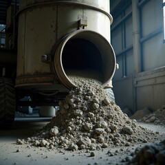 Dry Aggregate Material Discharging from Industrial Mixer Drum onto Concrete Plant Floor, Depicting Initial Phase of Cement Mixing Workflow in Manufacturing Setting
