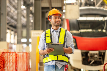 Electric train technician engineer checking controls system for security functions in maintenance...