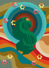 Retro 70s Background with Dollar Sign. Groovy Money 1970s art template. Minimalistic Vintage design poster. Old-fashioned color artwork.