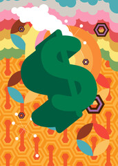 Retro 70s Background with Dollar Sign. Groovy Money 1970s art template. Minimalistic Vintage design poster. Old-fashioned color artwork.