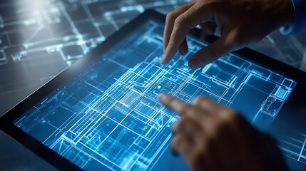 Hands interacting with a digital blueprint on a tablet screen