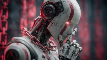 Fototapeta premium Futuristic robot with red glowing eyes and chains contemplates social engineering challenges in dark environment with red lighting effects.