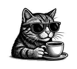 Cool Cat with Sunglasses Holding a Cup of Coffee in Black and White Detailed Line Art Drawing