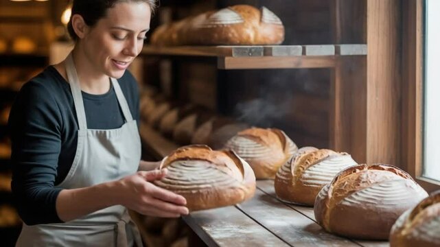 Local baker placing fresh bread on wooden shelf in morning light