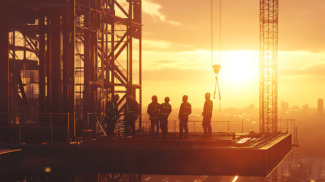 Construction Workers Overseeing Site at Sunset