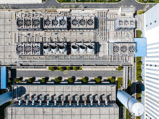 Vertical Aerial View of Building Rooftop with Air Conditioning Units