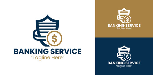 Professional Banking Service Logo with Shield and Dollar Coin in Dark Blue and Gold
