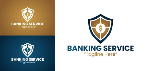 Modern Banking Service Logo Featuring Shield and Dollar Coin in Dark Blue and Gold
