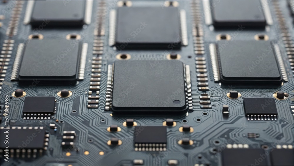 Poster detailed close-up of high-end circuit board with missing chips