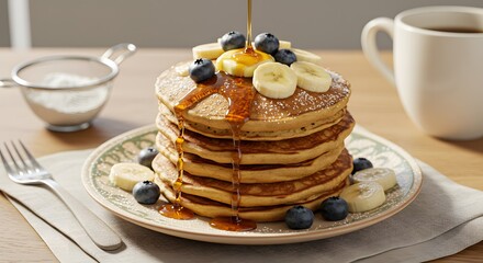 Delicious Stack of Pancakes Topped with Fresh Blueberries and Bananas