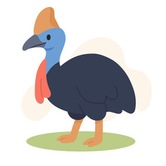 Cartoon cassowary with bold colors and upright stance, cassowary illustration highlights exotic wildlife, perfect for educational materials, posters and animal-themed art.