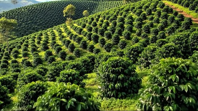 Verdant coffee plants thrive in perfectly formed rows on a hillside plantation bathed in sunlight creating a stunning agricultural landscape