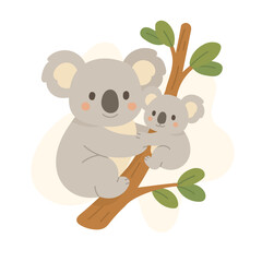 Koala mother hugging baby on tree, koala cartoon perfect for family-themed content, nature illustrations, and kids-friendly animal stories or posters.