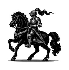 Fototapeta premium Engraved Illustration of Medieval Knight in Armor Riding a Horse with Sword in Black and White