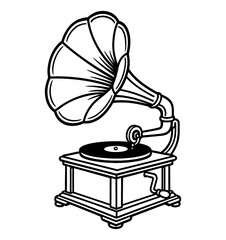 Detailed Vintage Black and White Illustration of a Gramophone with Vinyl Record