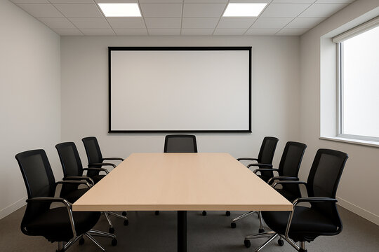 Modern minimalist meeting room with long table and black office chairs