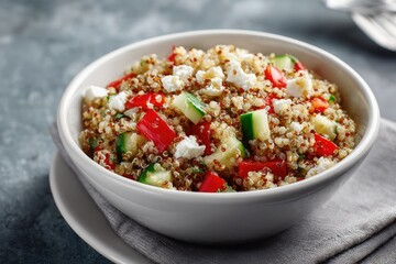 A bowl of quinoa salad with red bell peppers, cucumber, and crumbled feta cheese.  The salad is light and refreshing, served in a simple white bowl on a textured surface