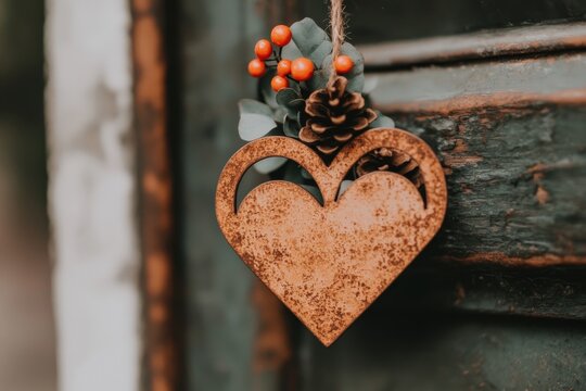 Rustic heart ornament with pinecone and berries hanging on a weathered wooden surface.