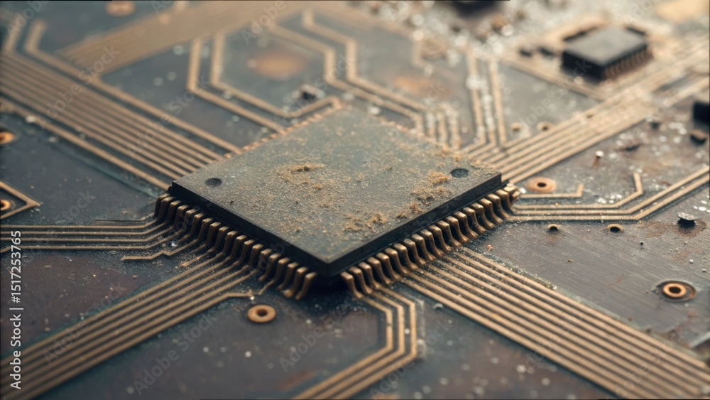 Poster Dusty Central Chip on Aging Circuit Board with Missing Connections