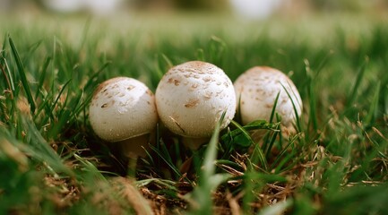 Three small, white mushrooms with speckled caps nestled amongst vibrant green grass blades in a sunlit outdoor setting.  Close-up view showing fine details of the fungi and their surroundings