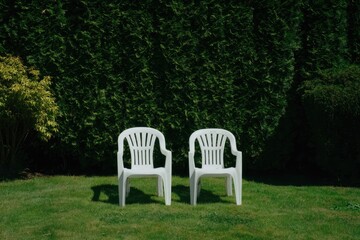 Two white plastic lawn chairs sit on a verdant lawn before a dense, dark green hedge, bathed in sunlight, casting short shadows
