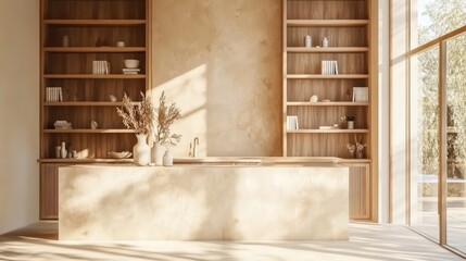 Fototapeta premium Natural light illuminates a minimalist wooden kitchen.