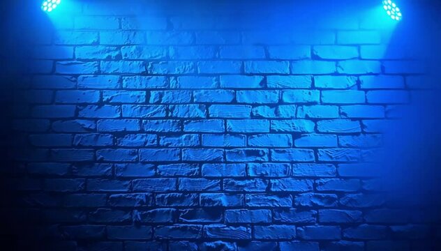 Blue abstract background of an old textured brick wall surface with a vintage grunge pattern, blue and red studio lights, 4k, stock video