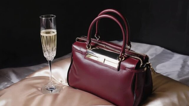 Elegant Burgundy Handbag with Glass of Champagne