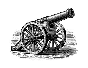 Vintage Engraved Cannon on Wheels, Black and White Detailed Illustration