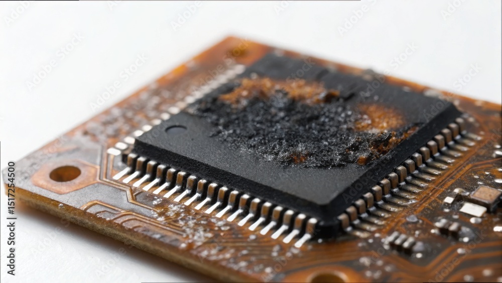 Poster macro image of a burned out chip on a pcb heat damaged surface