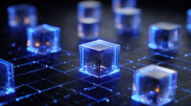 Glowing translucent cubes arranged on a dark grid, suggesting a digital network or data structure. Internal lights and circuitry are faintly visible