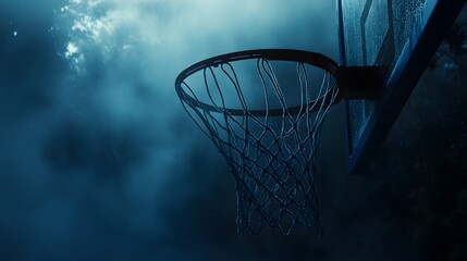 A basketball hoop against a dramatic, misty sky.
