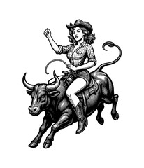 Pinup Cowgirl Riding Bull with Lasso in Air in Detailed Black and White Vintage Art