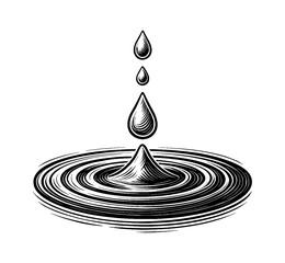 Water Drops Falling into Ripple Water Surface in Engrave Style Black and White Vector