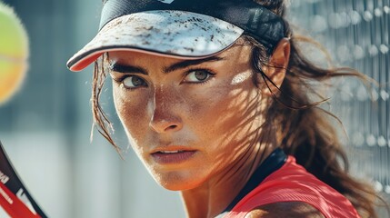 Close-up portrait of a determined female tennis player.