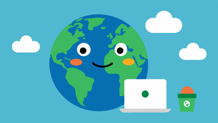 Cartoon Earth Shopping Online A friendly cartoon Earth character using a laptop to shop for green products with a thought bubble displaying various ecofriendly goods.