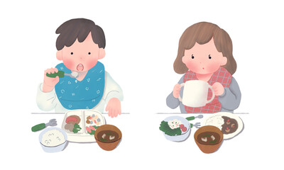 子どもたちが食事するあたたかみのある主線なしイラスト