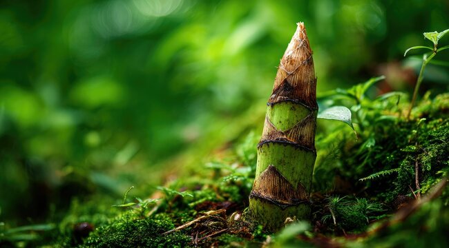 A vibrant green bamboo shoot emerges from mossy ground, surrounded by lush foliage in a shallow depth of field