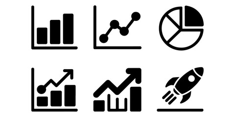 Business Growth Charts Bar Graphs, Pie Charts, Line Graphs, and Rocket Launch Icons for Data Visualization and Presentation
