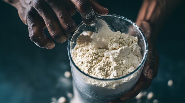 Hands pouring flour into a glass bowl.